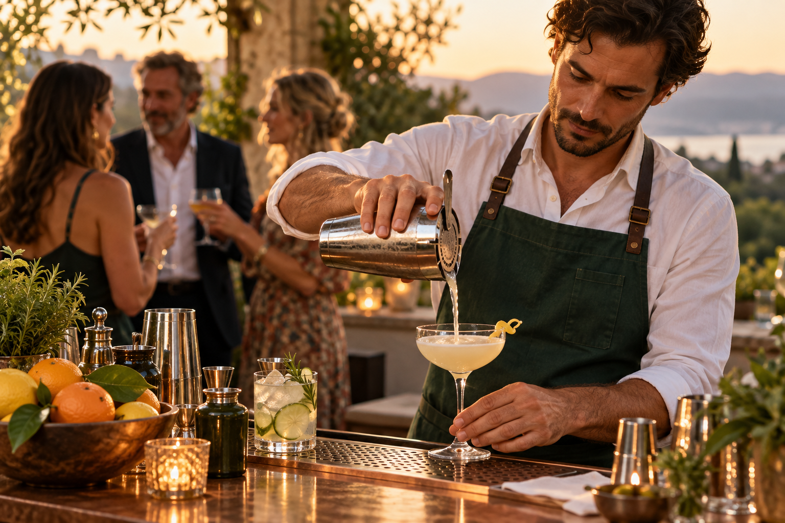 Bartender pouring a cocktail at a warmly lit private event